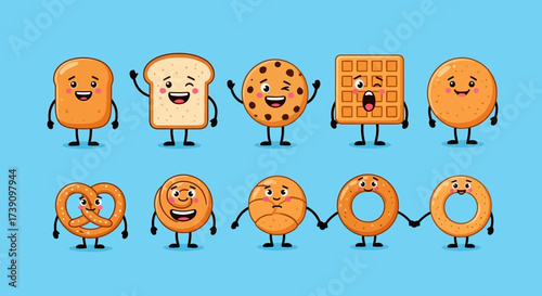Cartoon funny bakery characters isolated vector illustration. Funny food face icon. Bakery emoji. Funny cookies, laughing bread. Cartoon emoticon face of food. Gloomy croissant, pretzel. Funny food.