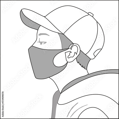 Black and white vector illustration of a man in side view wearing a cap and protective face mask.