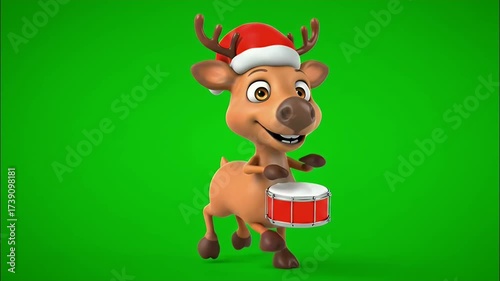 A cute animated reindeer wearing a Santa hat plays a drum and marches on a green screen background