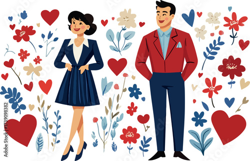 Charming retro couple poses amidst romantic floral heart pattern background illustration