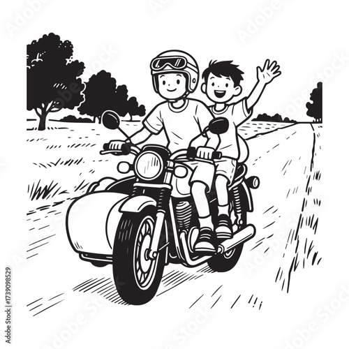 A cartoon-style illustration of two boys riding together on a motorcycle with a sidecar Line Art.