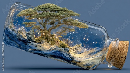 Captured nature: A bonsai tree and starry night landscape encapsulated in glass bottle
