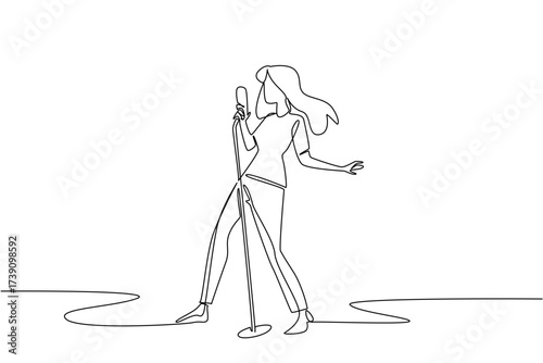 Single one line drawing a woman singing while holding a standing mic and posing. The stunning appearance of the queen of the stage. National Sing Out Day. Continuous line design graphic illustration