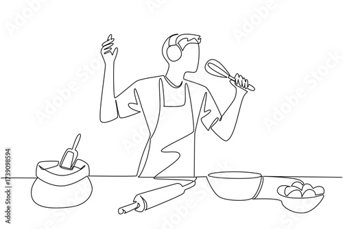 Single one line drawing a man wear apron and headphones cooking while singing holding a manual mixer. Style like a DJ when cooking. National Sing Out Day. Continuous line design graphic illustration