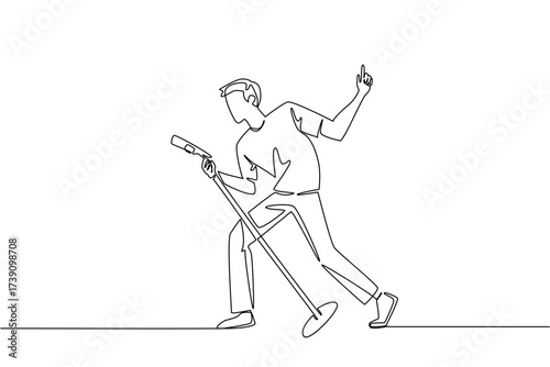 Single continuous line drawing a man in casual clothes singing while holding a standing mic and posing. The perfect appearance of rockstar. National Sing Out Day. One line design vector illustration