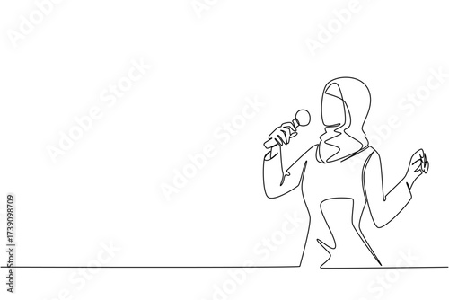 Continuous one line drawing a young and famous Arabian woman singing. Final practice to create a stunning stage act. Talented singer. National Sing Out Day. Single line draw design vector illustration
