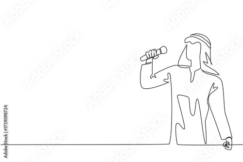 Single one line drawing a young Arabian man is singing. Hobby singing. Come to karaoke studio. Relieve the mind. Talented. Pleasant. National Sing Out Day. Continuous line design graphic illustration