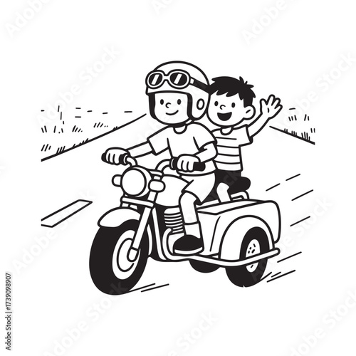 A cartoon-style illustration of two boys riding together on a motorcycle with a sidecar Line Art.