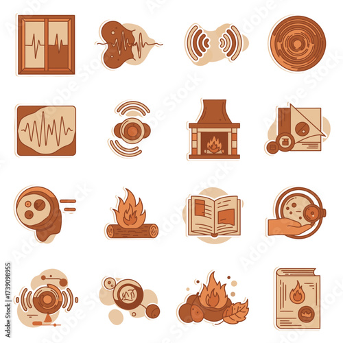 An illustrative array of monochrome icons depicting abstract scientific principles, sensory perceptions, and conceptual elements like sound, warmth, and intellectual pursuit.