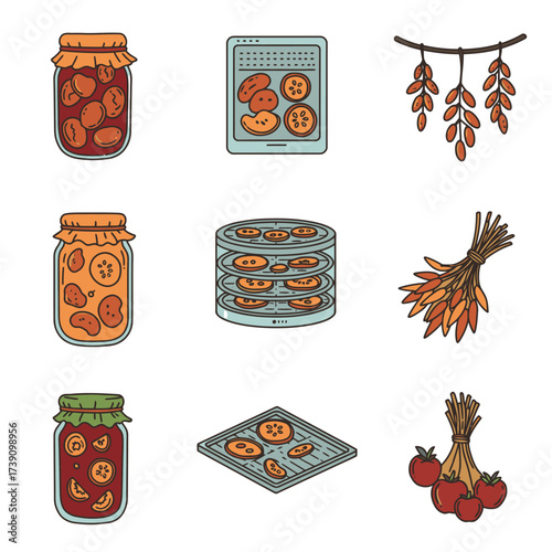 A vibrant collection of homemade food preservation icons, illustrating the traditional methods of canning, drying, and harvesting fresh produce for autumn.