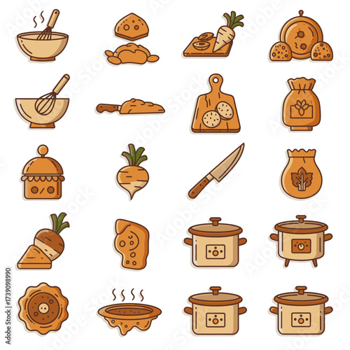 A comprehensive set of culinary icons depicting essential kitchen tools, fresh ingredients, and delicious prepared food items, ideal for cooking and baking themes.