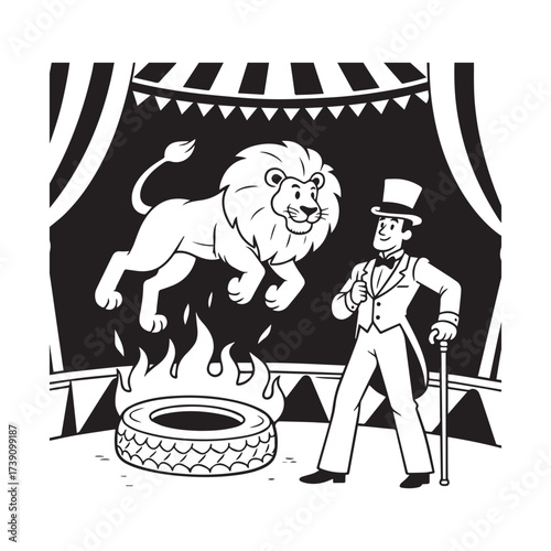  Silhouette circus trainer with a top hat and a cane standing next to a large, majestic lion.
