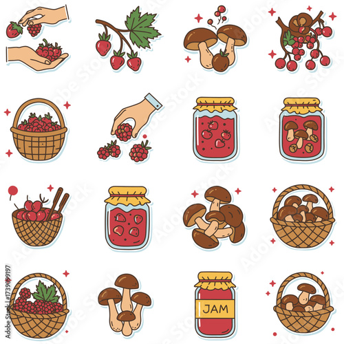 A delightful vector illustration set showcasing the seasonal joy of harvesting fresh wild berries and mushrooms, plus preparing homemade jams and preserves.