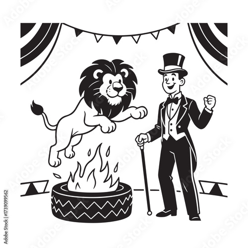  Silhouette circus trainer with a top hat and a cane standing next to a large, majestic lion.