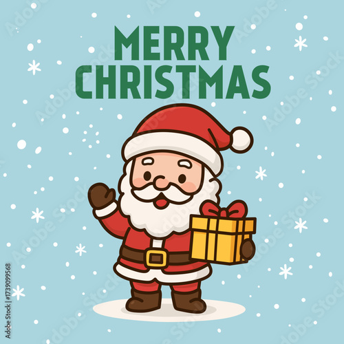 Cute Cartoon Santa Claus Holding Gift -Merry Christmas Vector Illustration