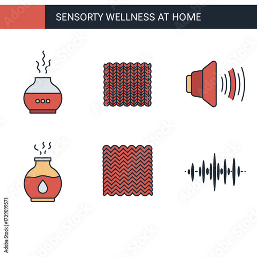 A vibrant collection of flat design icons illustrating diverse sensory elements like aroma, touch, and sound, promoting home wellness and comfort.
