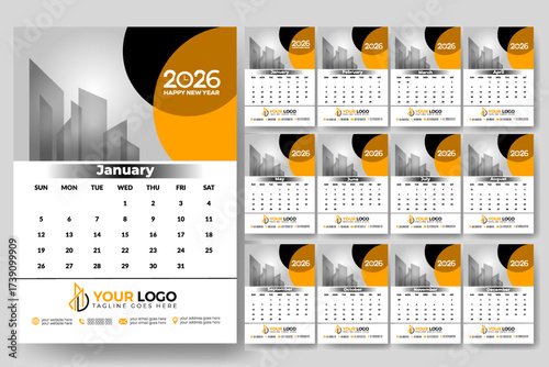 Modern 2026 wall and desk calendar template design, yearly and monthly planner, printable corporate calendar layout for business planning,  agenda, office organization and promotional material