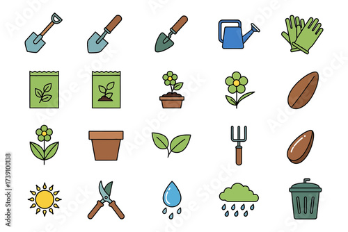 Gardening and planting icon set illustrating tools, plants, and the concept of horticultural growth
