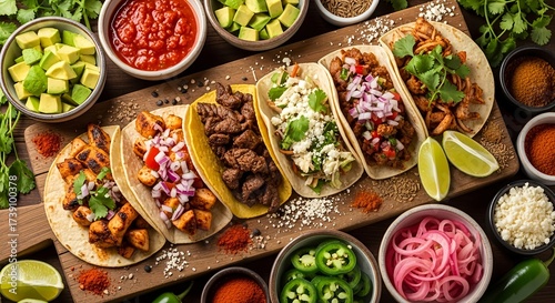 Celebrating National Taco Day with a vibrant and colorful spread of authentic Mexican tacos and fresh ingredients, perfect for any fiesta