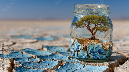 Conceptual representation of environmental conservation, preserving nature in a glass jar concept