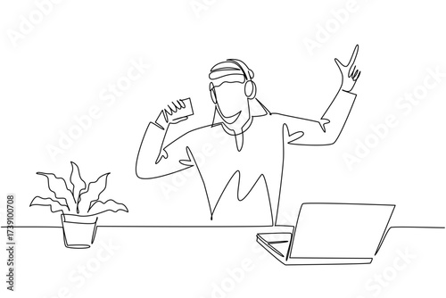 Single continuous line drawing Arab man uses headphone sits sing hold coffee paper cup as mic. Singing as loud as possible to relieve fatigue National Sing Out Day. One line design vector illustration