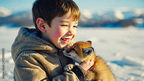 Wallpaper Mural Close-up of a young Inuit boy in a fur parka warmly hugging a small Arctic fox pup. Emotional and cultural winter scene with wildlife connection. Torontodigital.ca