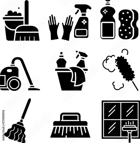 House Cleaning, Domestic Chores, and Equipment Icons Set