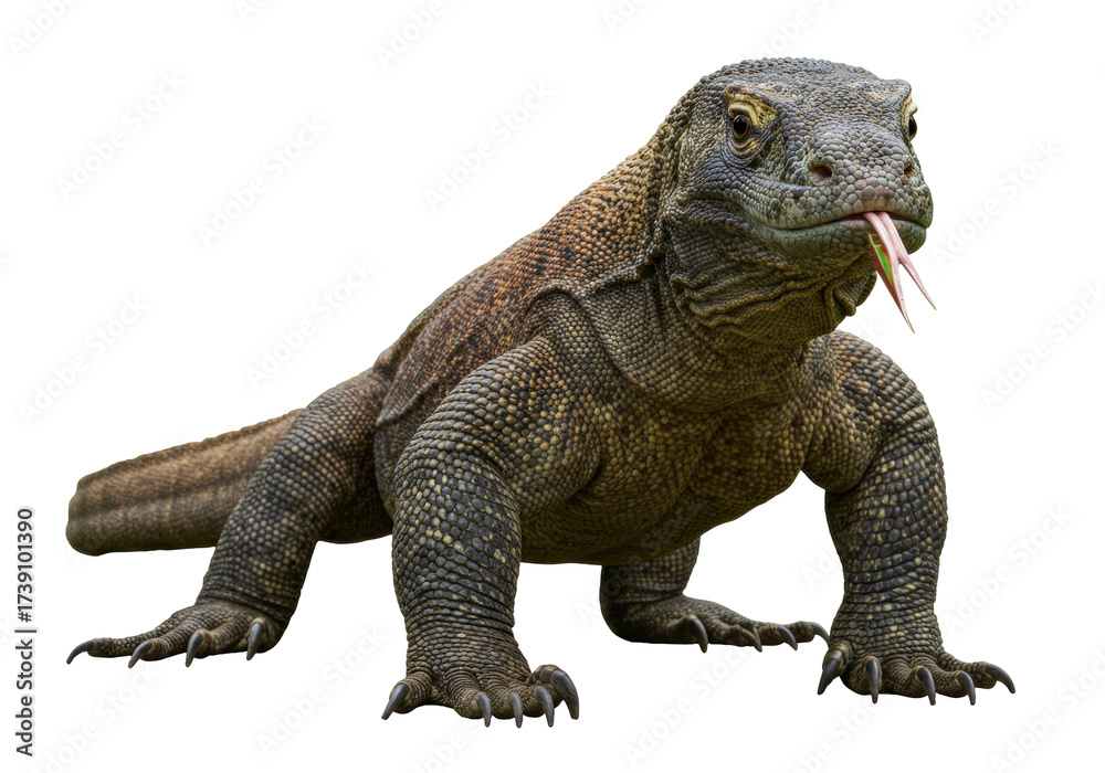 Obraz premium Isolated Komodo dragon, the world's largest lizard, with scaly skin and forked tongue