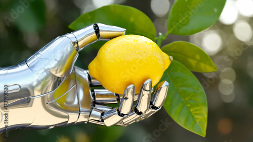 Wallpaper Mural Close-up of a sleek robotic hand picking a ripe yellow lemon from a tree. Futuristic agriculture and advanced harvesting technology concept. Torontodigital.ca