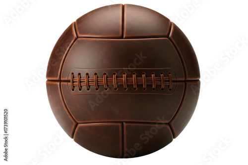 Vintage brown leather soccer ball with classic stitched laces on a transparent background