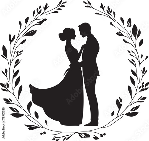 Elegant silhouette of a bride and groom embracing within a delicate laurel wreath frame