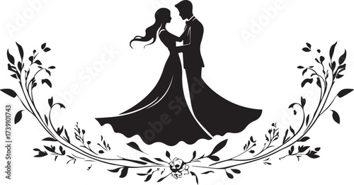 Elegant silhouette of a wedding couple dancing embraced within a delicate floral wreath
