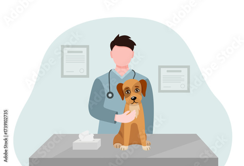 Vector illustration of a veterinary examination of a dog on a veterinary clinic table. A friendly doctor examines a dog. Veterinary clinic. Animal care concept.