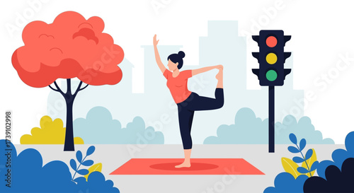 Woman doing a yoga pose on a mat in a city park near a traffic light and a stylized tree.
