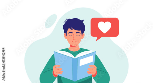 A man is reading a book with a heart icon above, suggesting love for reading.