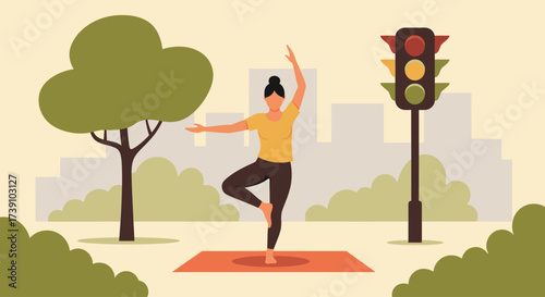 Woman in tree pose yoga on a mat outdoors with a traffic light and city skyline in the background.
