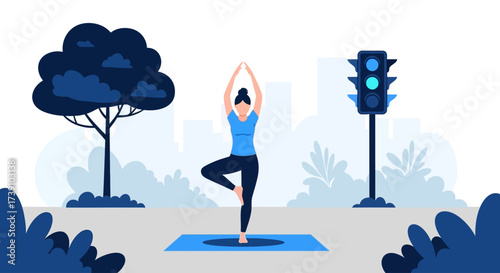 Woman doing a yoga pose on a mat in a city park near a traffic light and a stylized tree.
