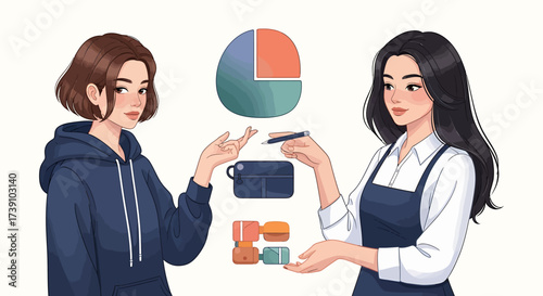 Business transaction between seller and buyer with purse and pie chart graphic elements