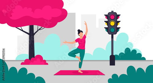 Woman doing a yoga pose on a mat in a city park near a traffic light and a stylized tree.