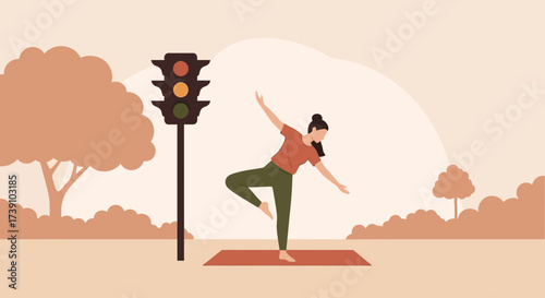 A woman practices yoga in a park next to a traffic light, balancing on one leg with arms extended.