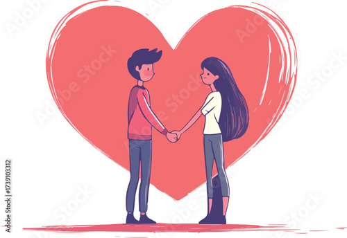 Young couple holding hands in front of a large abstract red heart symbolizing love and romance