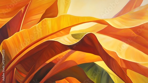 Abstract Warm Hues Tropical Leaf Painting, Golden Orange Red Yellow Tones