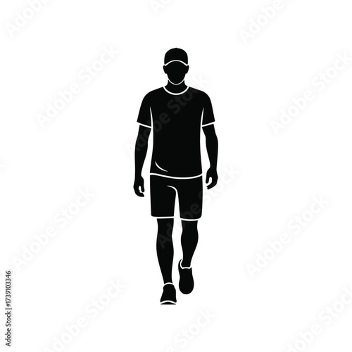 Black silhouette of a man walking forward wearing a t-shirt shorts and cap vector