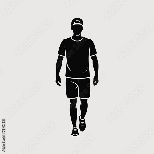 Black silhouette of a man wearing a t shirt shorts and cap white