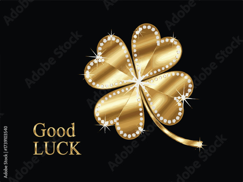 Good Luck Gold Clover on Black Background | Lucky Four Leaf Clover with Diamonds for Greeting Cards, Website Banners, and Promotional Designs