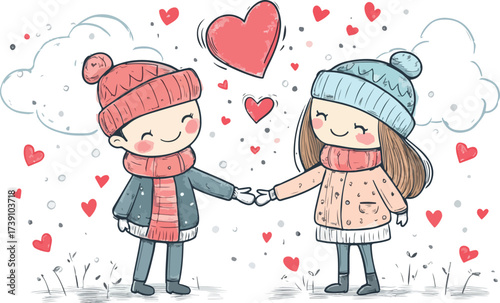 Cute cartoon couple holding hands surrounded by hearts and clouds in winter clothing