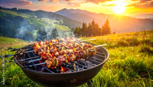 Scenic BBQ in mountain meadow at sunset