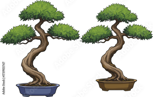 Two bonsai trees in ceramic pots, twisted trunks and green foliage, miniature tree illustration, indoor plant decor, Japanese garden art, vector clipart style