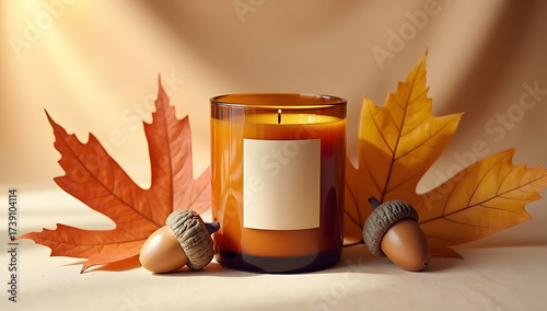 Luxury stock autumn still life with cozy decor accents, styled with warm daylight, neutral backdrops, premium textures and ample negative space. AI-Generated!