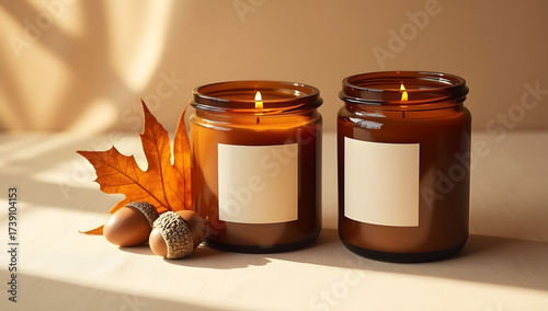 Luxury stock autumn still life with cozy decor accents, styled with warm daylight, neutral backdrops, premium textures and ample negative space. AI-Generated!